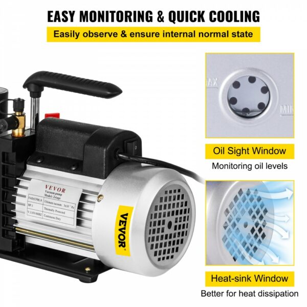 8CFM Zweistufige Vakuumpumpe Unterdruckpumpe 0,3Pa 1HP HVAC Klimaanlage – Bild 5