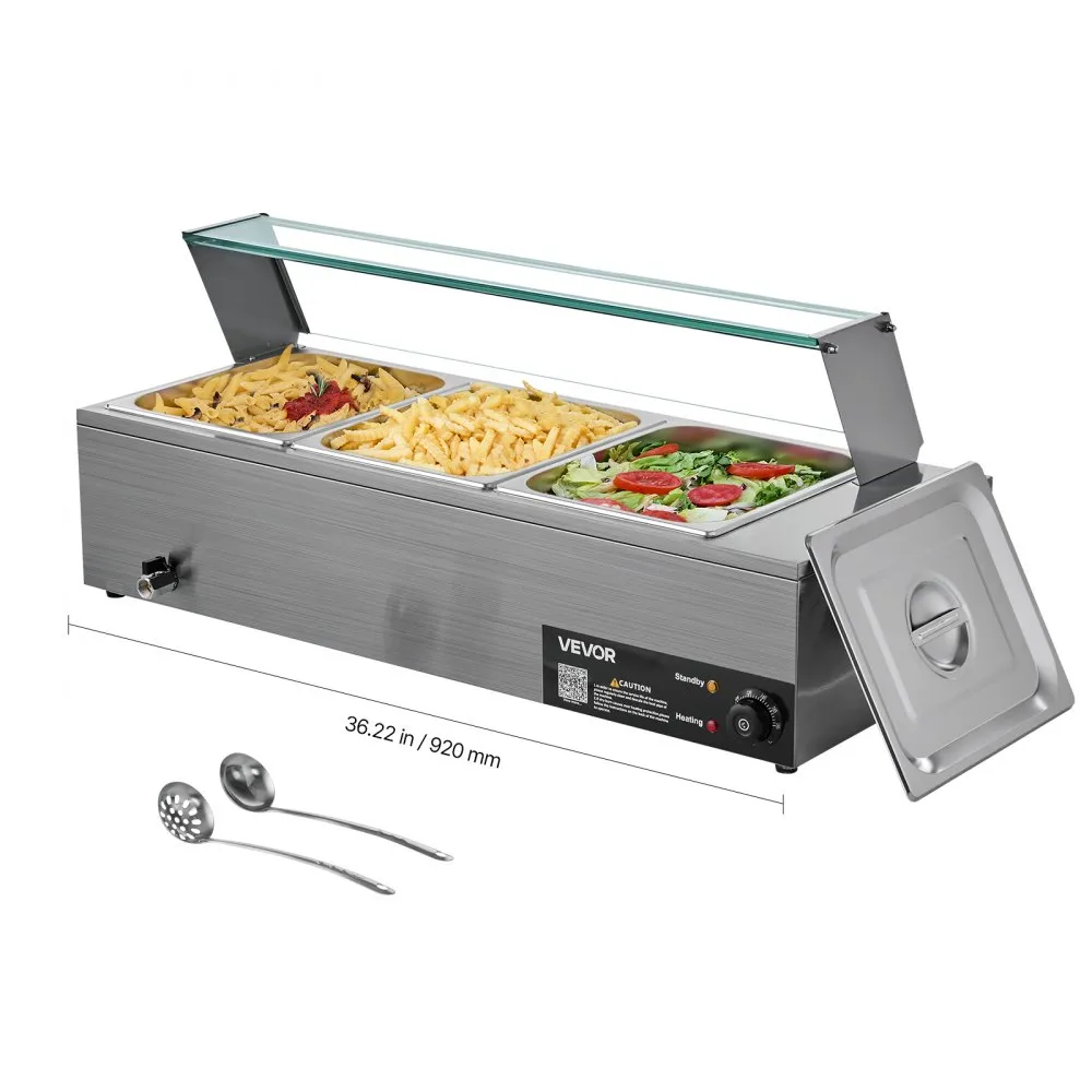 Speisenwärmer (3 x 1/2 Größe Behälter), 1,5 kW elektrischer Wärmebehälter aus Edelstahl mit Glasabdeckung & Suppenkelle, Chafing Dishes für Catering Restaurant Party