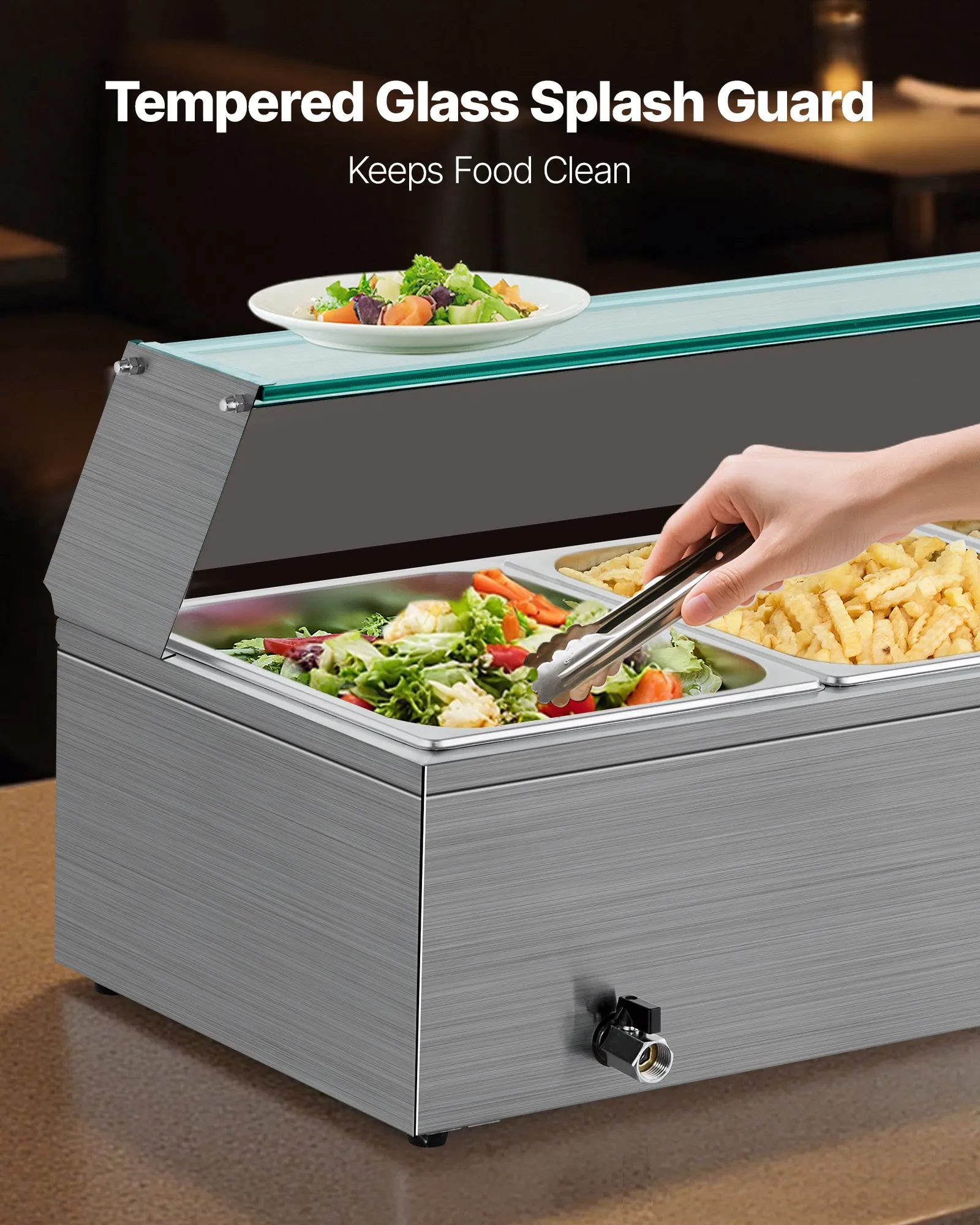 Speisenwärmer (3 x 1/2 Größe Behälter), 1,5 kW elektrischer Wärmebehälter aus Edelstahl mit Glasabdeckung & Suppenkelle, Chafing Dishes für Catering Restaurant Party – Bild 2